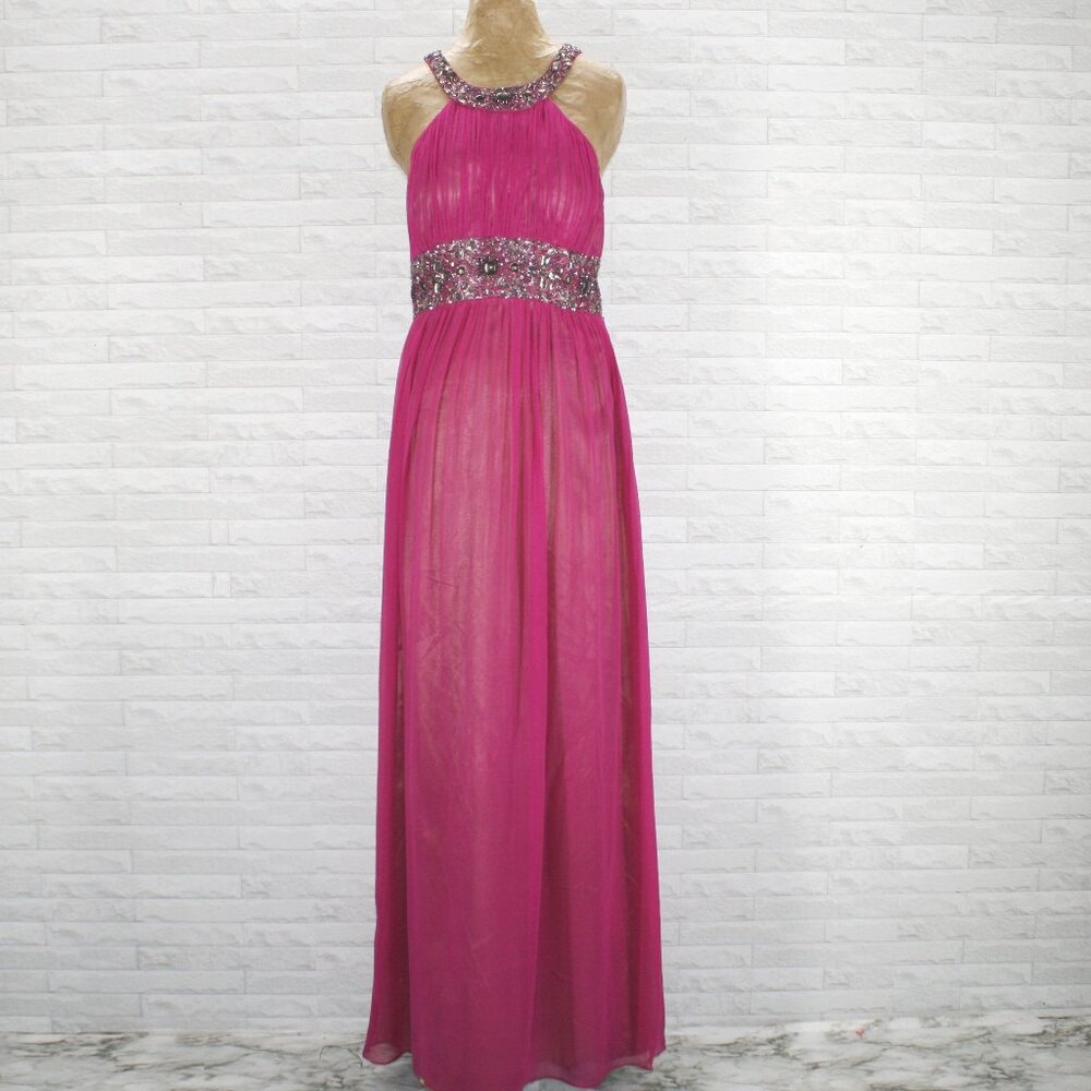 ADRIANNA PAPELL Gown Silk Prom Beaded Crystal Pleated Bodice Fuschia Size 12
